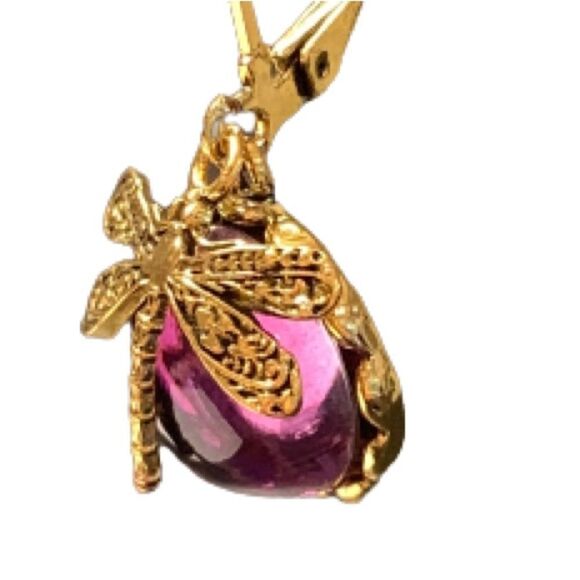 Purple Dragonfly Earrings Vintage Victorian Style Glass & Gold Metal Insect NEW - Picture 7 of 9